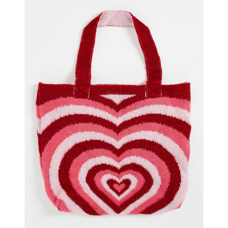 ASOS DESIGN knit tote bag in pink heart motif