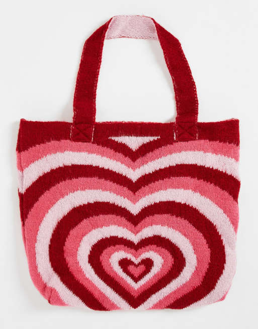 ASOS DESIGN knit tote bag in pink heart motif