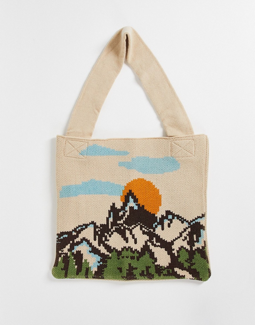 ASOS DESIGN knit tote bag with scenic design in brown