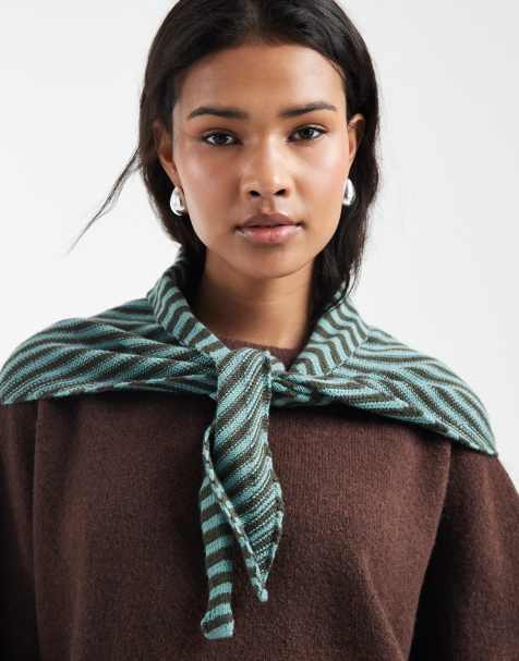 ASOS DESIGN knit triangle scarf in blue and green stripe - view 1