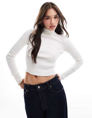 knit turtleneck top in engineered rib in cream-White