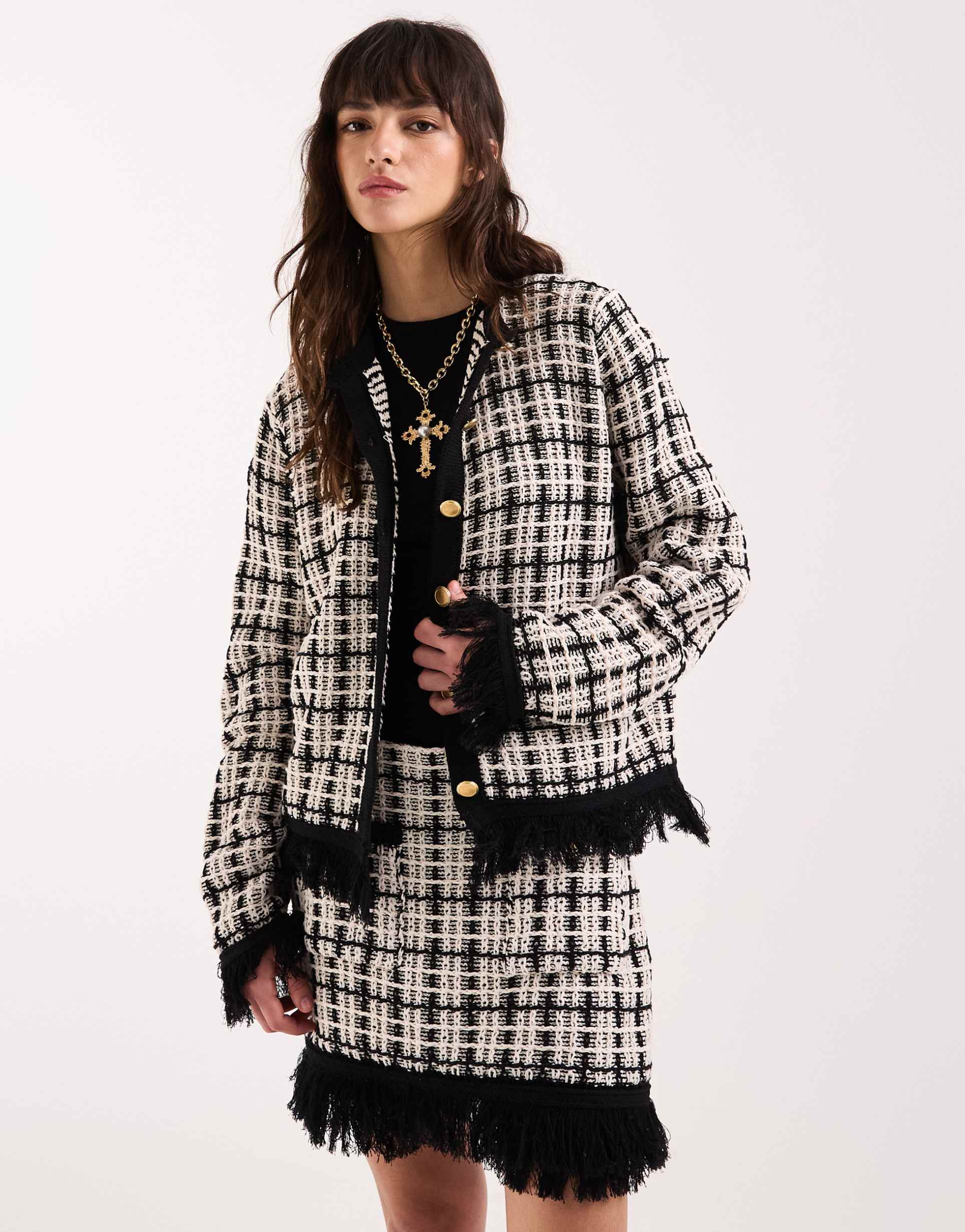 asos design knit tweed cardigan in black and ecru - part of a set