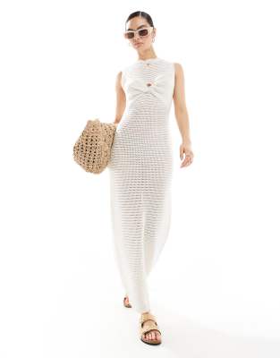 Asos Design Knit Twist Bust Maxi Dress In Ecru-white