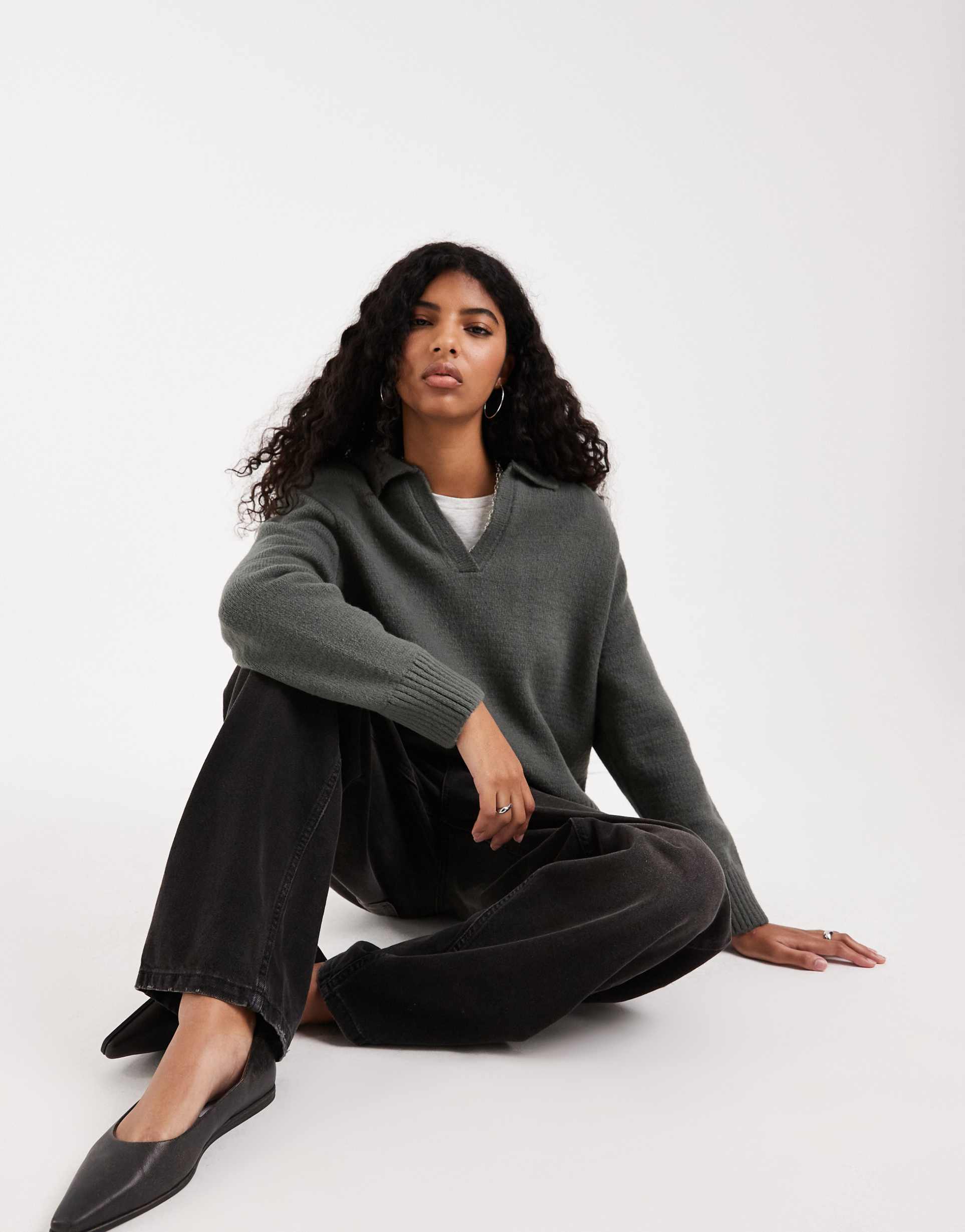 asos design knit ultimate shoulder pad polo sweater in gray