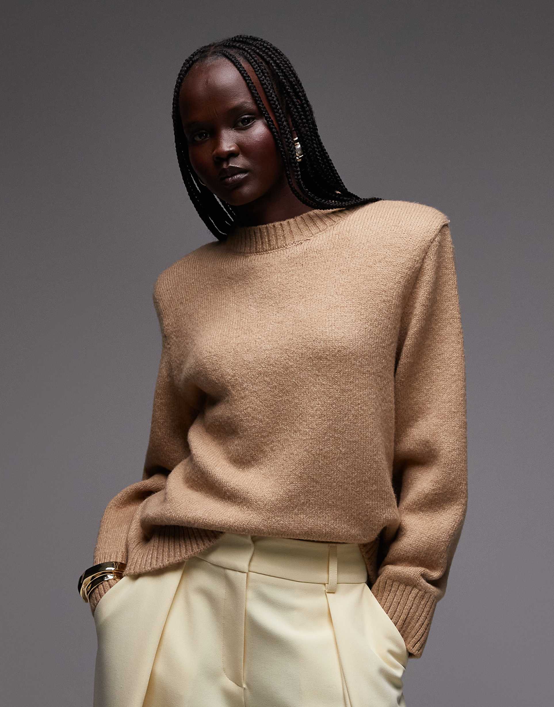 asos design knit ultimate shoulder pads sweater in brown