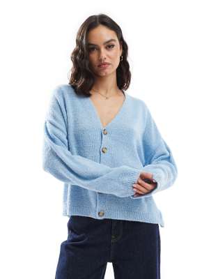 knit V-neck boucle cardigan in blue