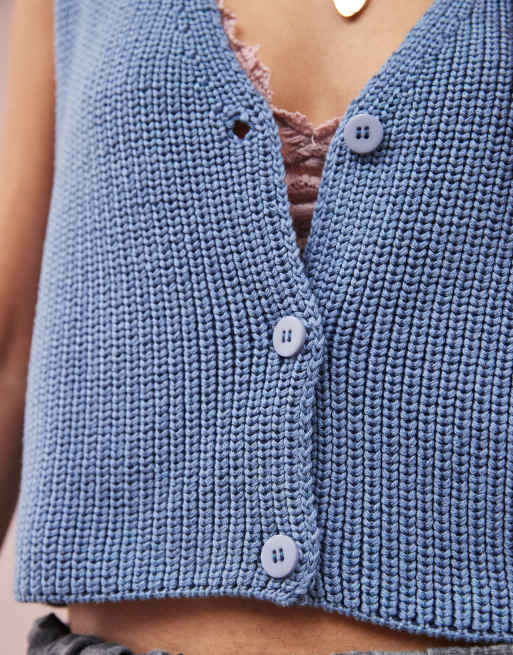 ASOS DESIGN knit v neck braided vest in blue, 2 of 4