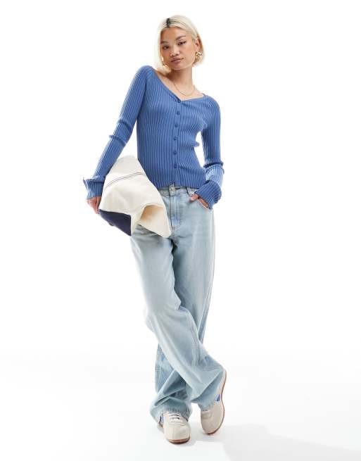 ASOS DESIGN knit v neck button up top in indigo, 2 of 4