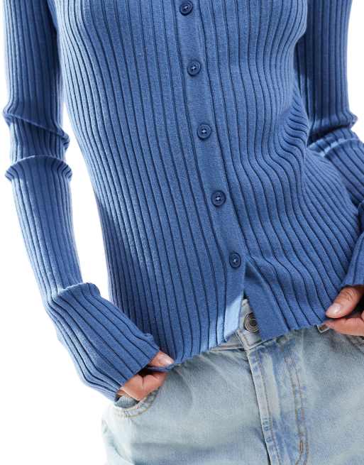 ASOS DESIGN knit v neck button up top in indigo, 4 of 4