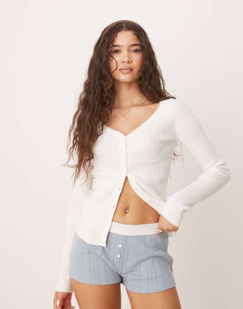 ASOS DESIGN knit v neck button up top in white - view 1