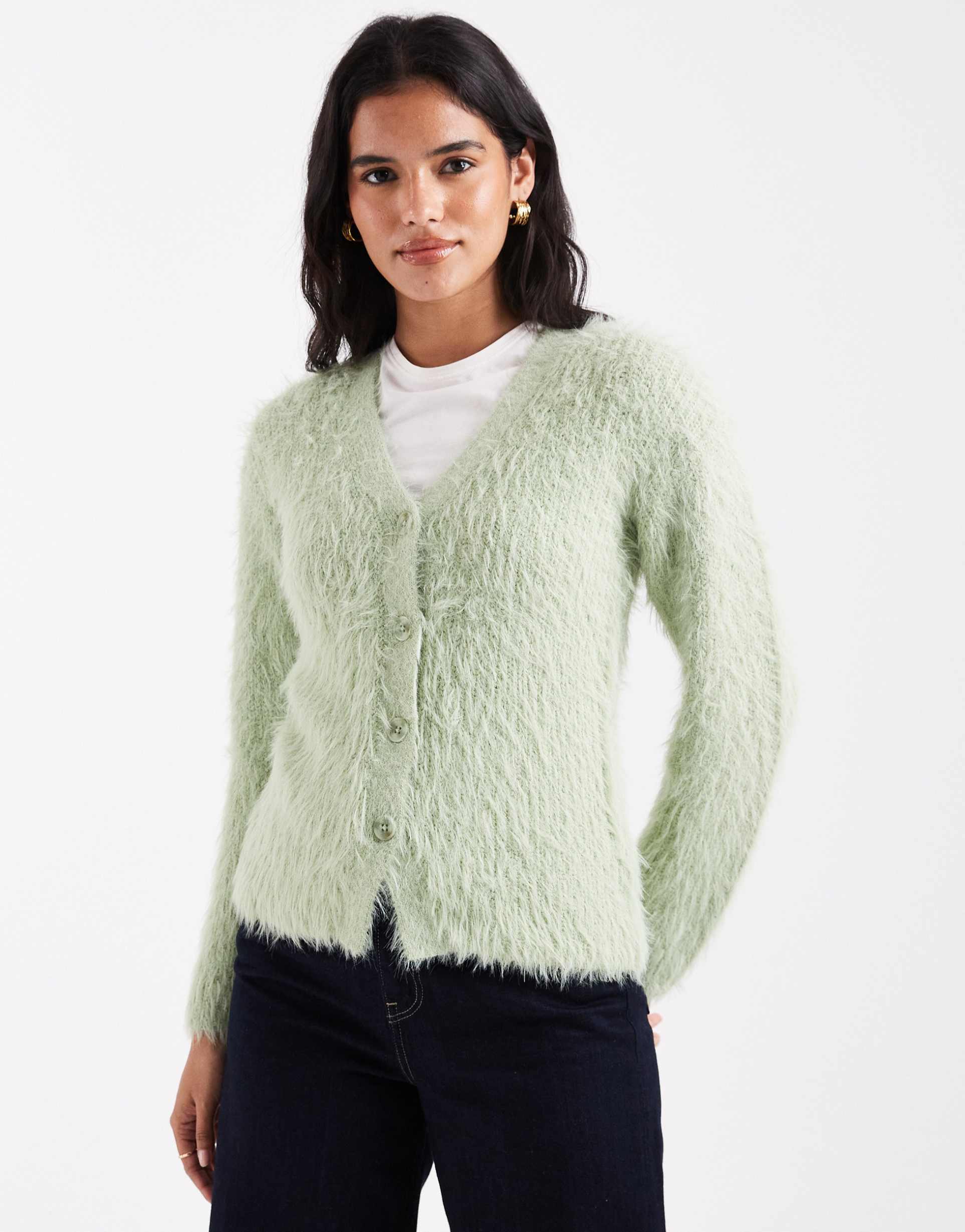 asos design knit v neck cardigan in eyelash yarn in sage