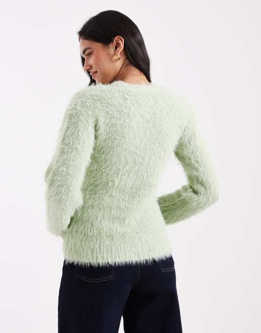 ASOS DESIGN knit v neck cardigan in eyelash yarn in sage, 2 of 4
