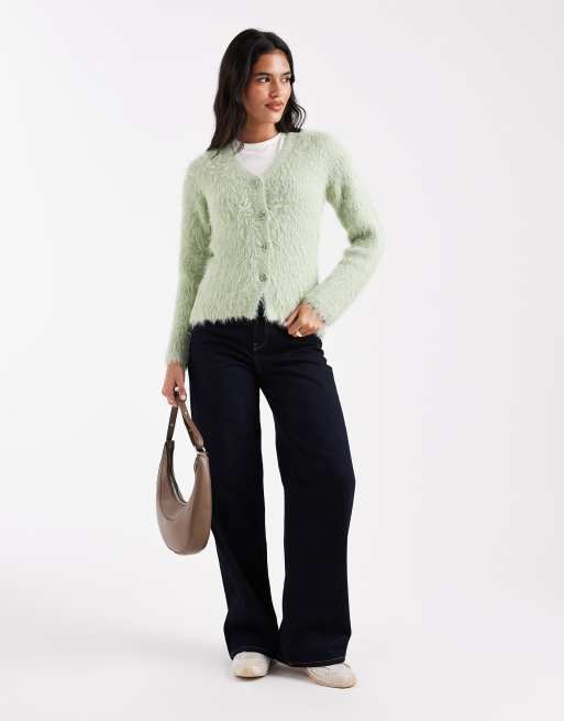 ASOS DESIGN knit v neck cardigan in eyelash yarn in sage, 3 of 4
