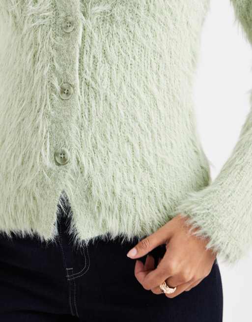 ASOS DESIGN knit v neck cardigan in eyelash yarn in sage, 4 of 4
