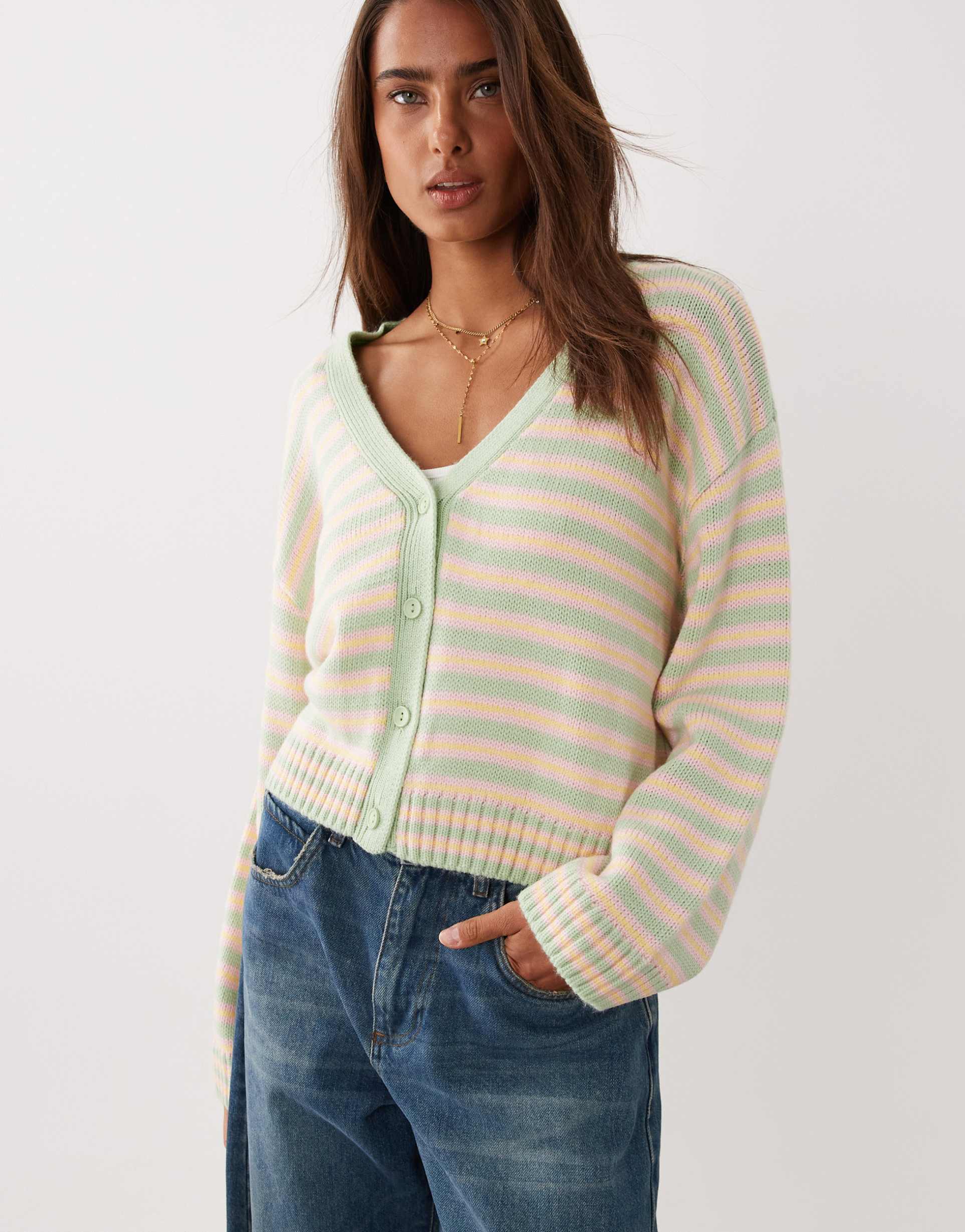 asos design knit v neck cardigan in green stripe