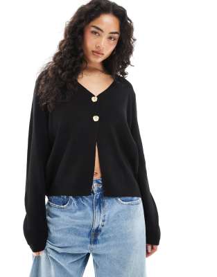 Asos Design Knit V-neck Cardigan With Gold Buttons In Black