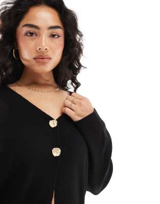 Asos Design Knit V-neck Cardigan With Gold Buttons In Black