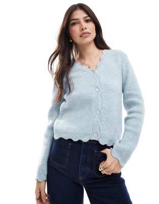 Asos Design Knit V Neck Cardigan With Scalloped Edges In Baby Blue