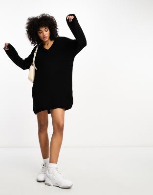 Asos Design Knit V-neck Mini Dress In Black