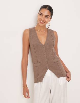 ASOS DESIGN knit v neck seam detail vest in mocha-Neutral