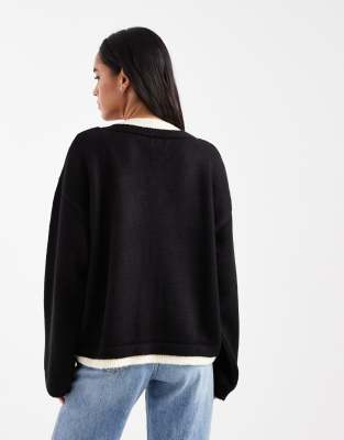Asos Design Knit V-neck Sweater With Double Layer In Black