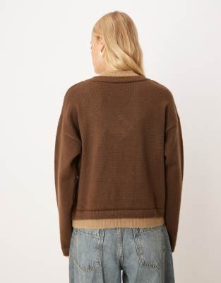 Asos Design Knit V Neck Sweater With Double Layer In Brown