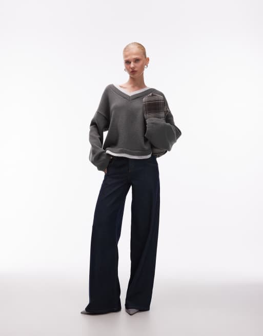 ASOS DESIGN knit V-neck sweater with double layer in charcoal, 2 of 4