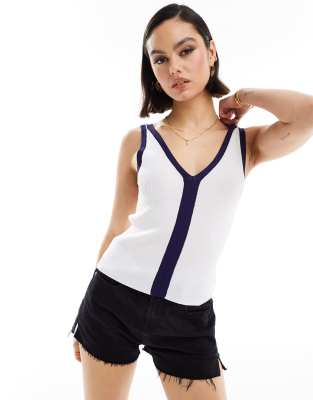 Asos Design Knit V Neck Tank Top In White With Contrast Navy Trim