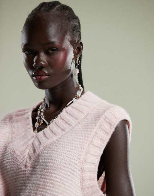 ASOS DESIGN knit V-neck tank with chunky trim in pink, 2 of 4