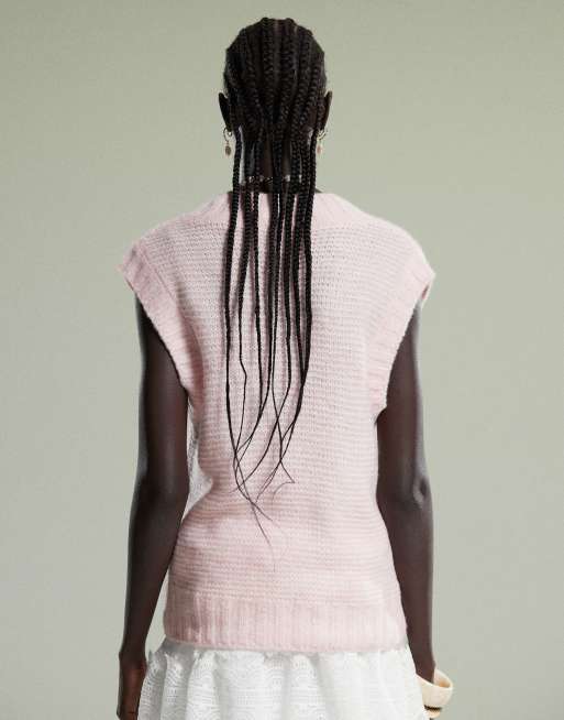 ASOS DESIGN knit V-neck tank with chunky trim in pink, 3 of 4