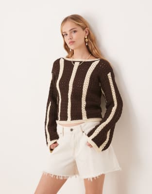 knit vertical stripes crochet look sweater in chocolate-Brown