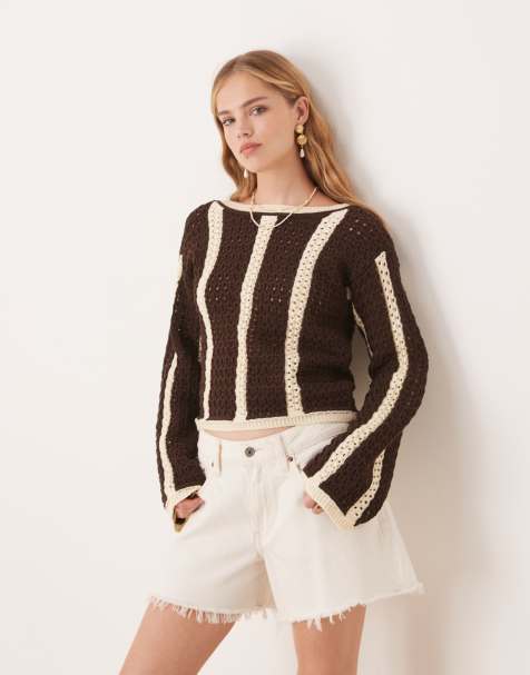 ASOS DESIGN knit vertical stripes crochet look sweater in chocolate - view 1
