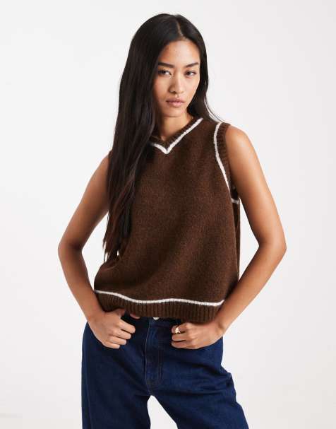 ASOS DESIGN knit vest with contrast tipping with wool in brown - view 1