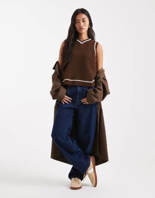 Asos Design Knit Vest With Contrast Tipping With Wool In Brown