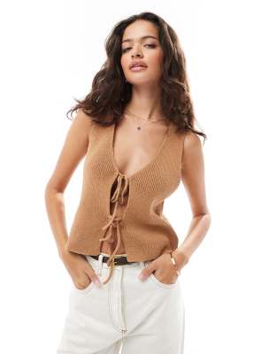 knit vest with tie front in mocha-Multi