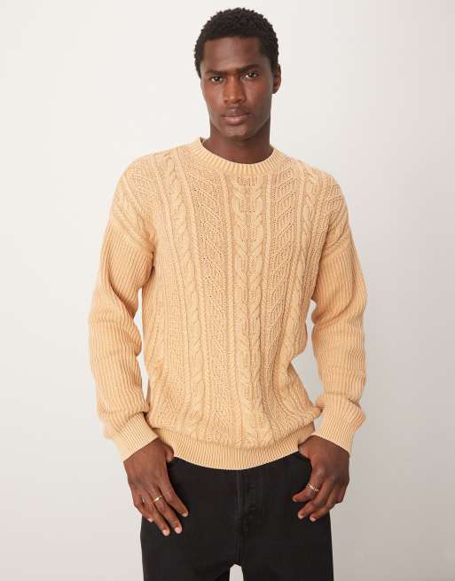 ASOS DESIGN knit washed relaxed cable sweater in stone ASOS