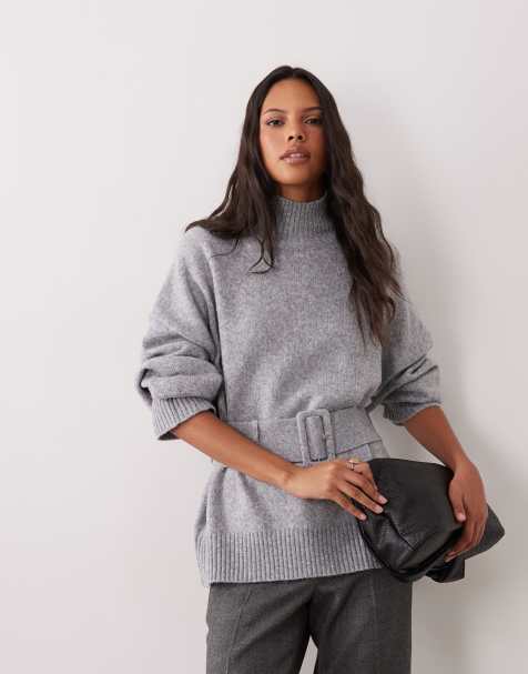 ASOS DESIGN knit wide belt funnel neck jumper in grey marl - view 1