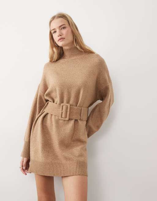 ASOS DESIGN knit wide belt mini dress in oatmeal, 2 of 4