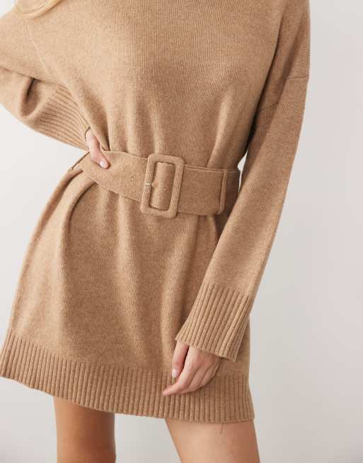 ASOS DESIGN knit wide belt mini dress in oatmeal, 3 of 4