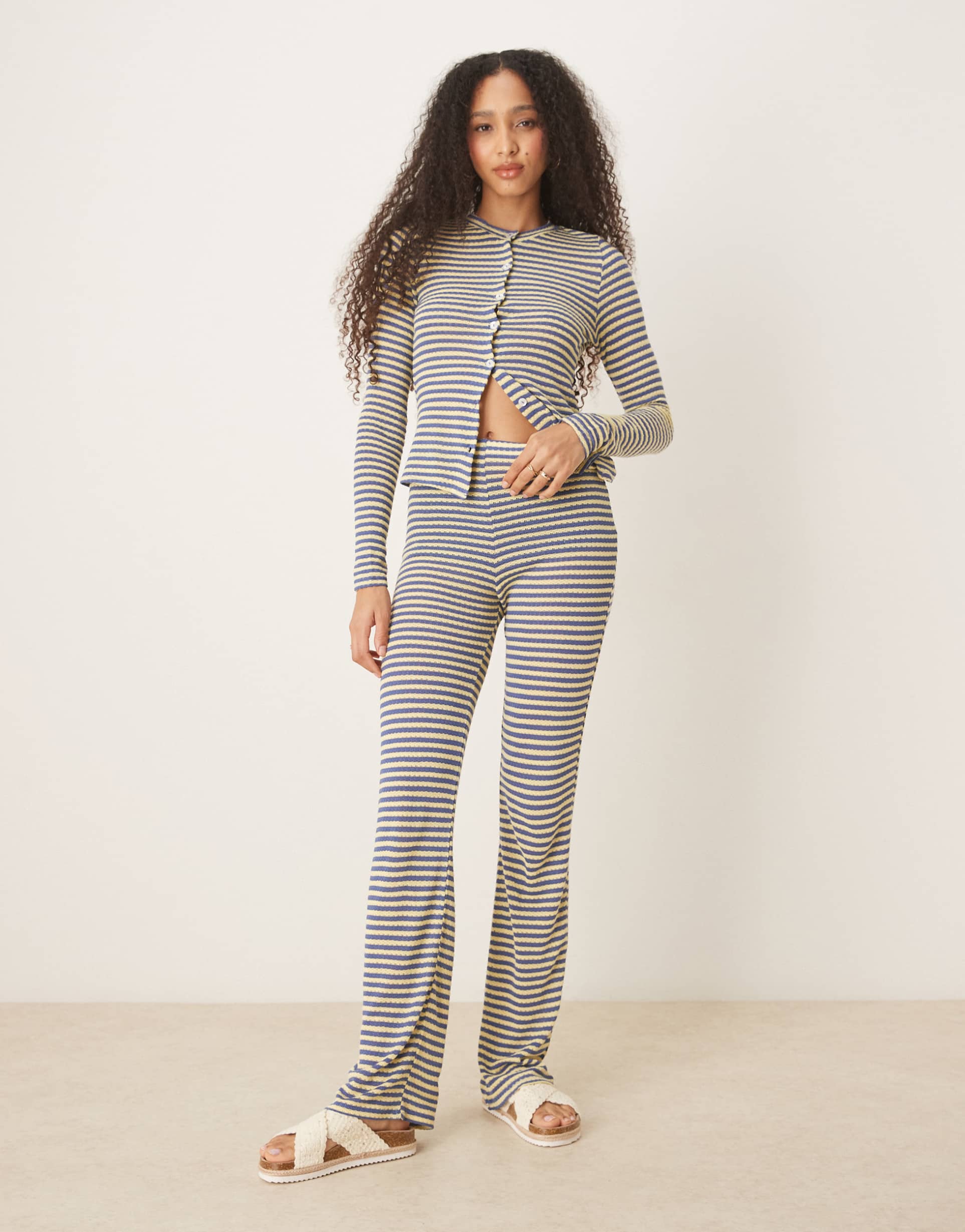 asos design knit wide leg pants in blue and yellow stripe - part of a set