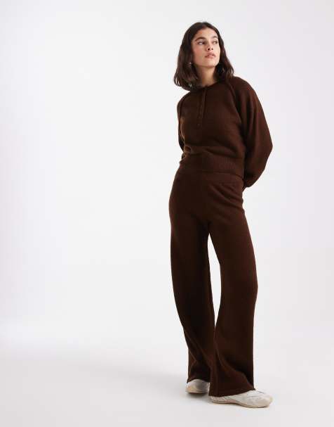 ASOS DESIGN knit wide leg pants in chocolate - part of a set - view 1