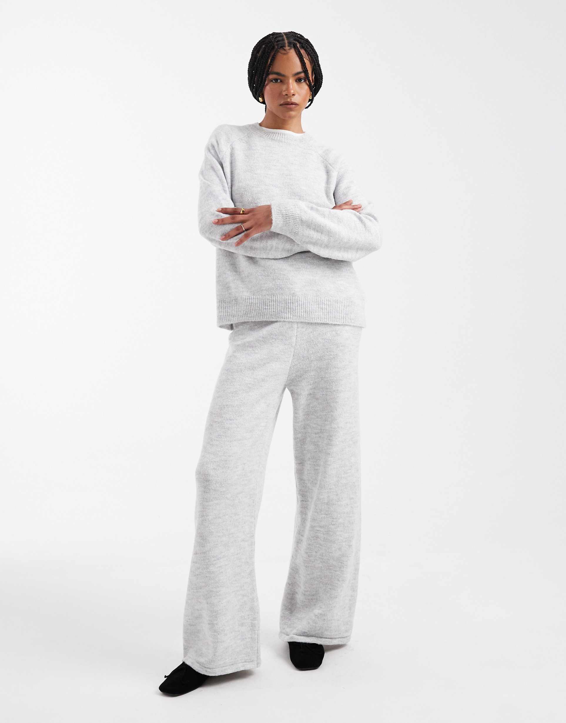 asos design knit wide leg pants in gray - part of a set