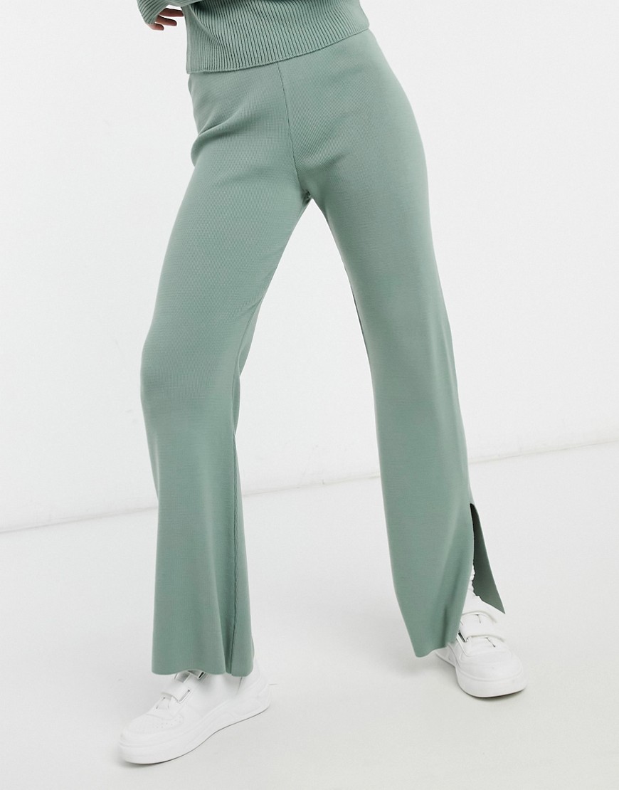 Asos Design Knit Wide Leg Pants With Split Detail In Sage-green