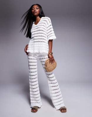 ASOS DESIGN knit wide leg pretty stitch pants in white - part of a set