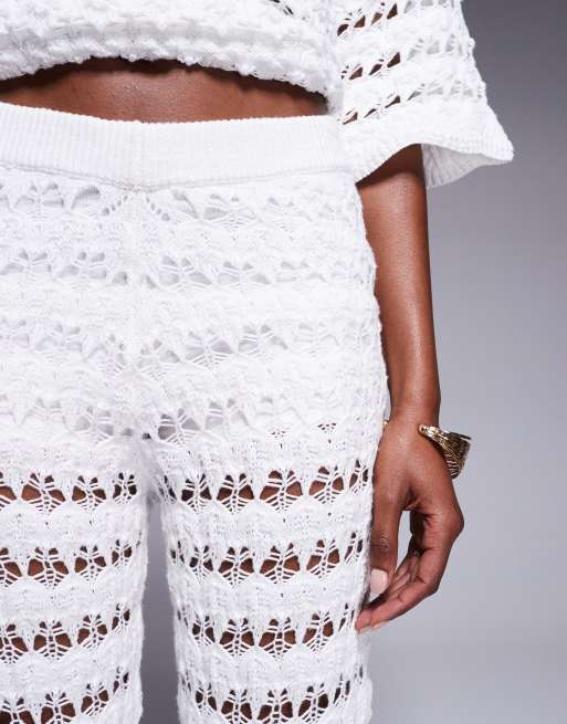 ASOS DESIGN knit wide leg pretty stitch pants in white - part of a set, 4 of 5
