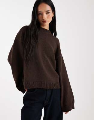 Asos Design Knit Wide Sleeve Cotton Blend Sweater In Brown