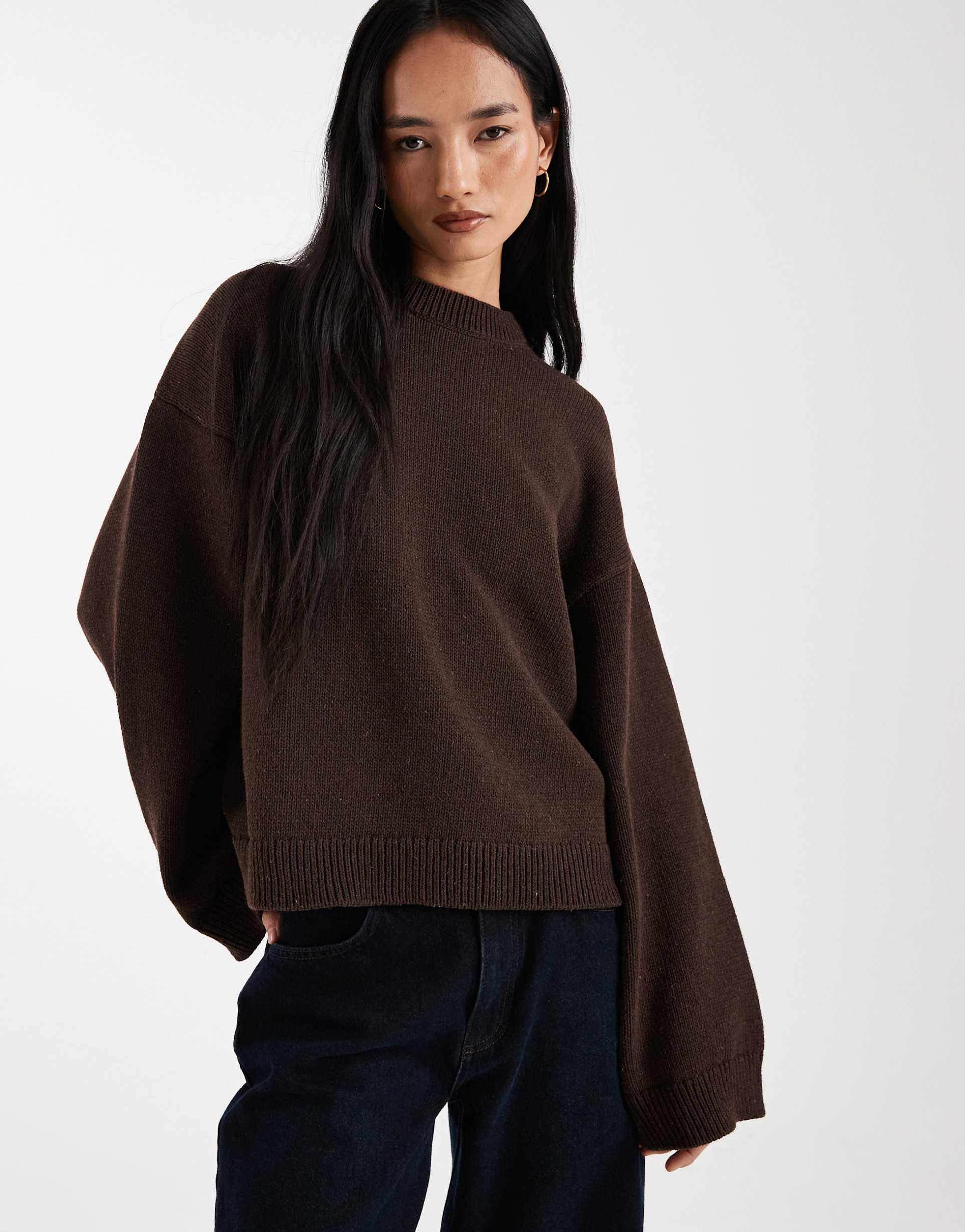 asos design knit wide sleeve cotton blend sweater in brown