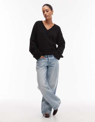 Asos Design Knit Wide Sleeve Sweater With Wool In Black
