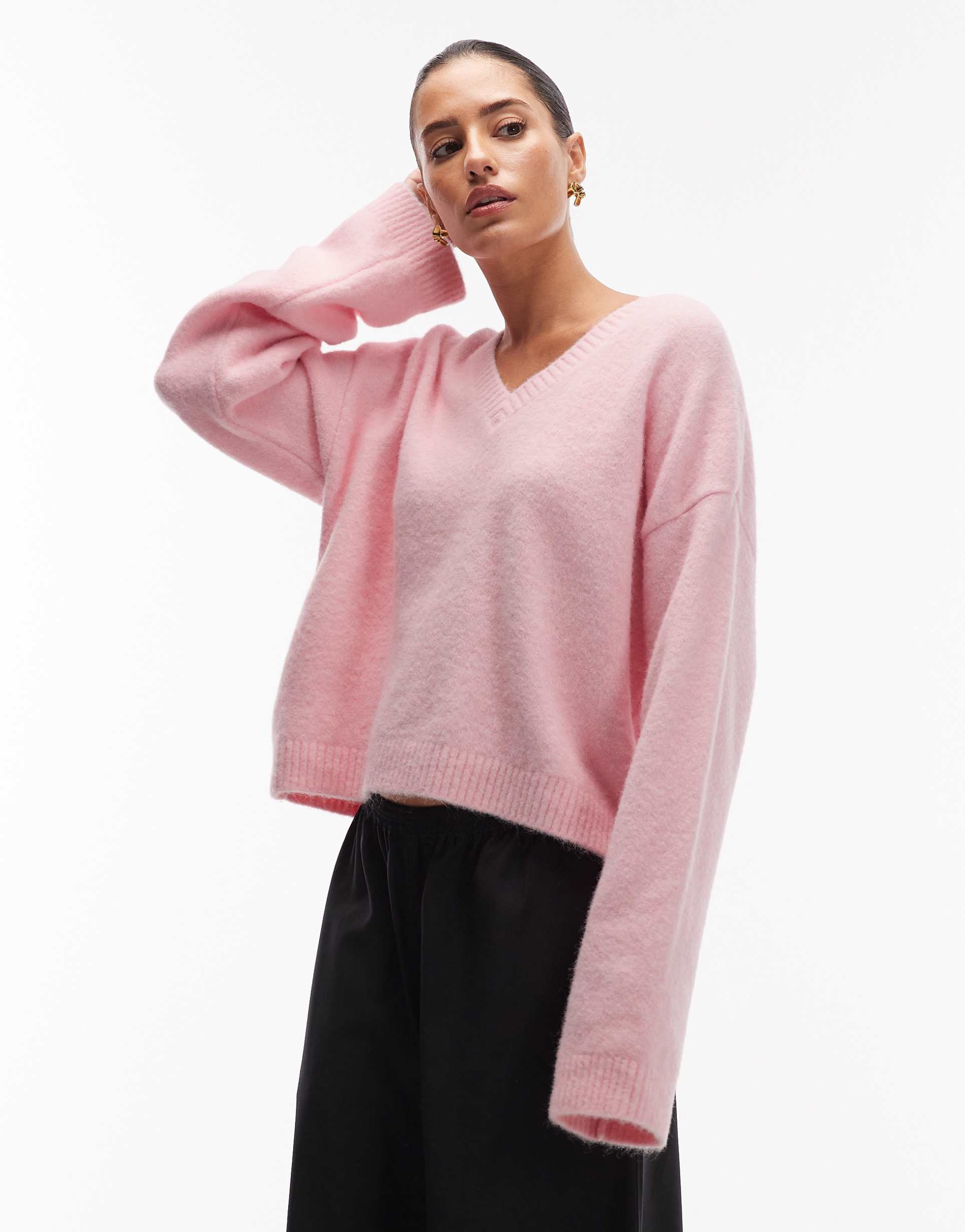 asos design knit wide sleeve sweater with wool in pink