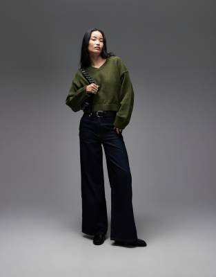 Asos Design Knit Wide Sleeve V-neck Sweater In Green